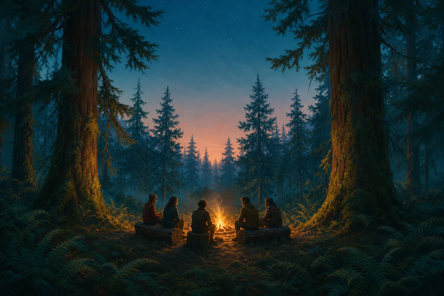 Painted forest of tall cedars and firs at dusk, with friends sitting on logs around a glowing campfire